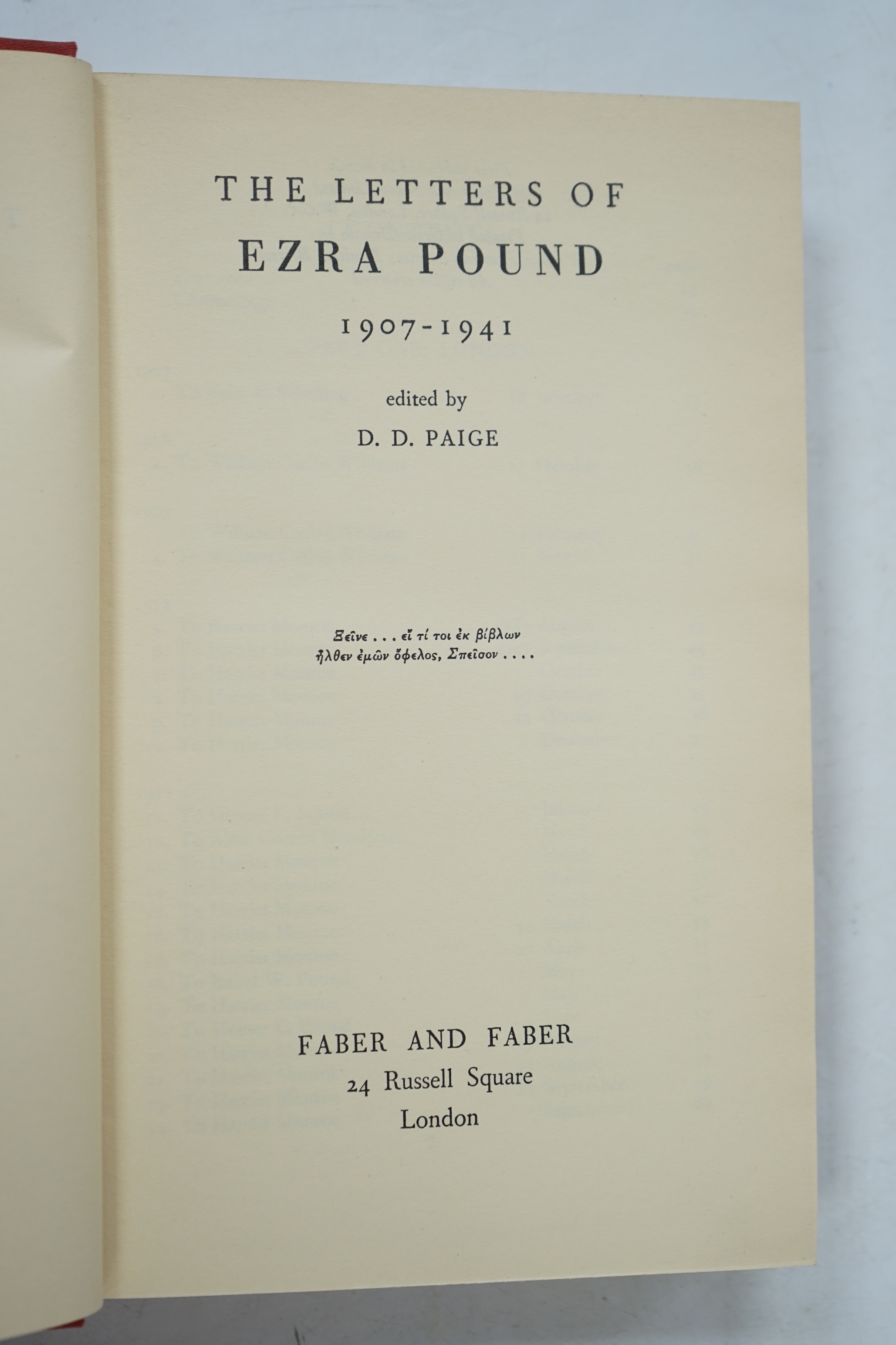 Pound, Ezra - ABC of Reading. 1st Edition. half title; publisher's cloth and d/wrapper. George Routledge, 1934; Pound, Ezra - The Letters of Ezra Pound, 1907-1941; edited by D.D. Paige. 1st edition. half title; publisher